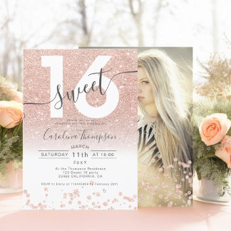 Rose Gold Glitzer Konfetti Weiß Sweet 16 Foto Einladung