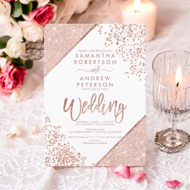 Rose Gold Glitzer Konfetti Weißer Hochzeit Einladung (Rose gold glitter confetti chic white wedding invitation)