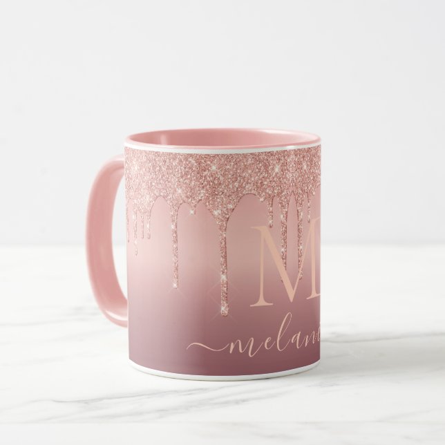 Rose Gold Glitzer Kundenname Kaffeebezeichnung Tas Tasse (Vorderseite Links)