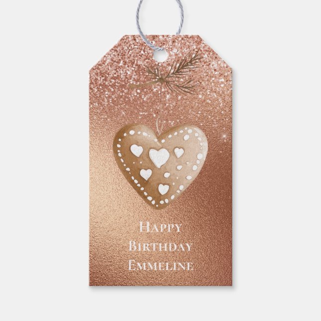 Rose Gold Glitzer Lebkuchen Herzstück Geburtstag Geschenkanhänger (Vorderseite)