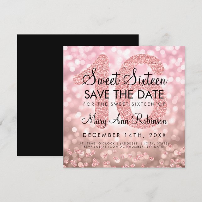 Rose Gold Glitzer Lights Sweet 16 Save the Date Einladung (Vorne/Hinten)