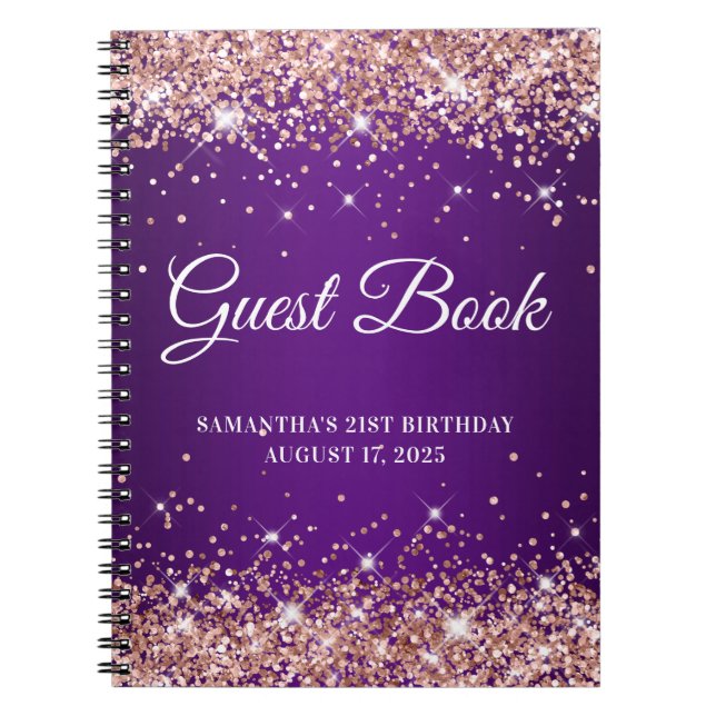 Rose Gold Glitzer Lila 21. Geburtstag Gästebuch Notizblock (Vorderseite)