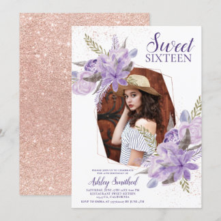 Rose Gold Glitzer lila blumengeschmücktes Foto Swe Einladung