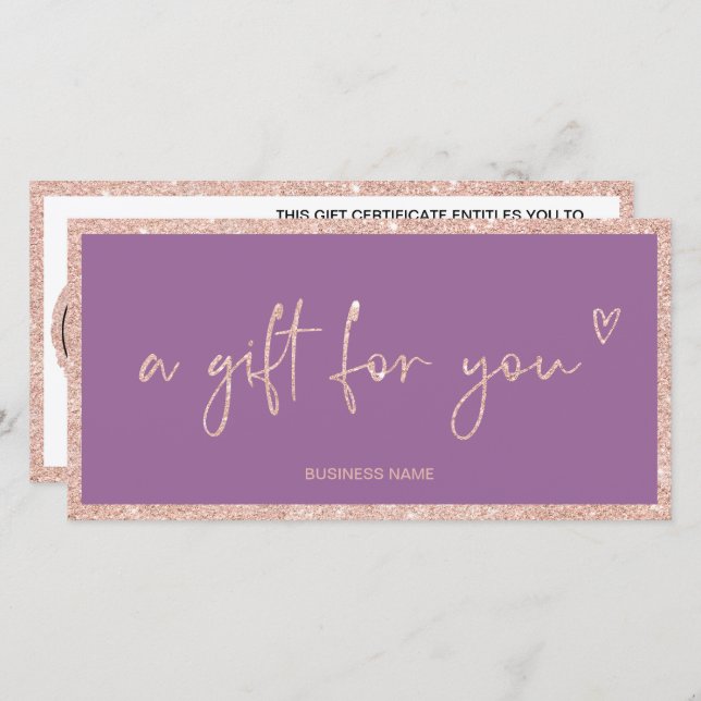 Rose Gold Glitzer lila Logo Geschenkgutschein (Vorne/Hinten)