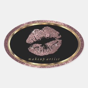 Rose Gold Glitzer Lippen und Gold Schriftart Ovaler Aufkleber