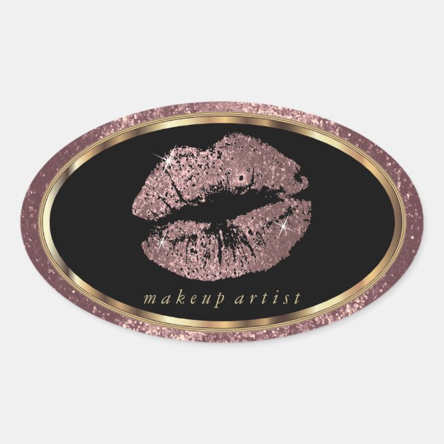 Rose Gold Glitzer Lippen und Gold Schriftart Ovaler Aufkleber (Vorderseite)