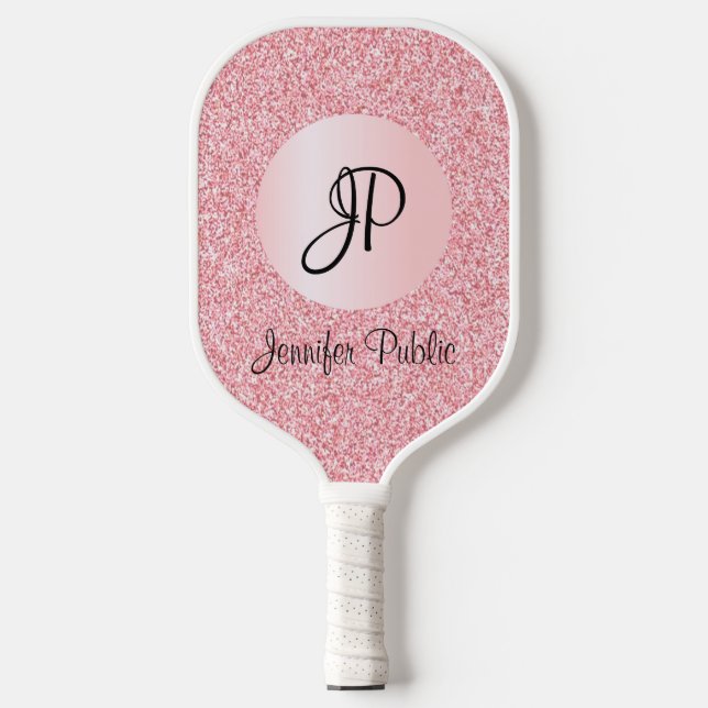Rose Gold Glitzer Look Monogram Elegante Vorlage Pickleball Schläger (Vorderseite)