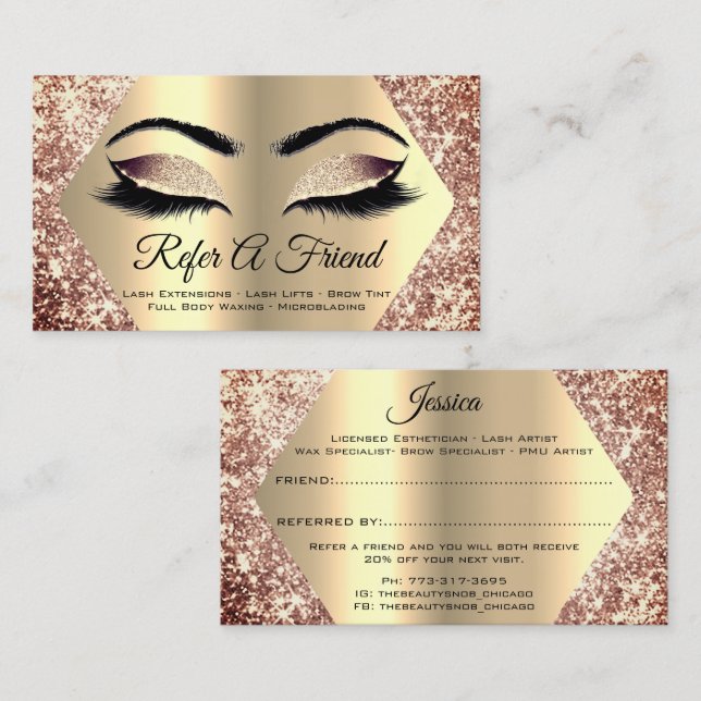 Rose Gold Glitzer Makeup Artist Lash Refer Friend Visitenkarte (Vorne/Hinten)