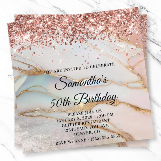 Rose Gold Glitzer Marbled Opal 50. Geburtstag Einladung (Rose Gold Glitter Marbled Opal 50th Birthday Invitation)