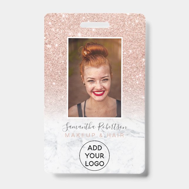 Rose Gold Glitzer Marmor Firmenlogo Foto Pass Ausweis (Vorderseite)