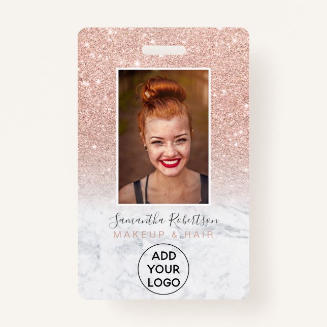 Rose Gold Glitzer Marmor Firmenlogo Foto Pass Ausweis (Vorderseite)
