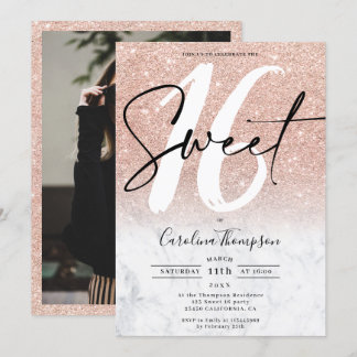 Rose Gold Glitzer Marmor Grenze Foto Süß 16 Einladung