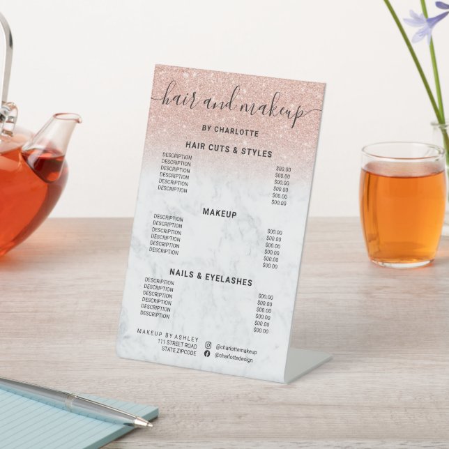 Rose Gold Glitzer Marmor Haar Make Salon Preis Sockelschild (In SItu)