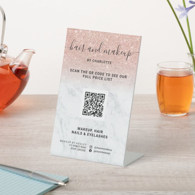 Rose Gold Glitzer Marmor Makeup Digital QR Preis Sockelschild (In SItu)