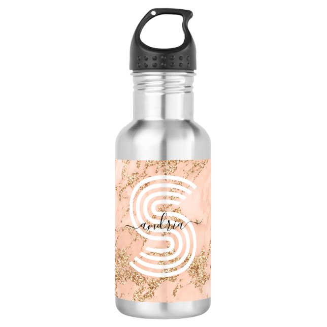 Rose Gold Glitzer Marmor, Skriptname für Monogramm Edelstahlflasche (Vorderseite)
