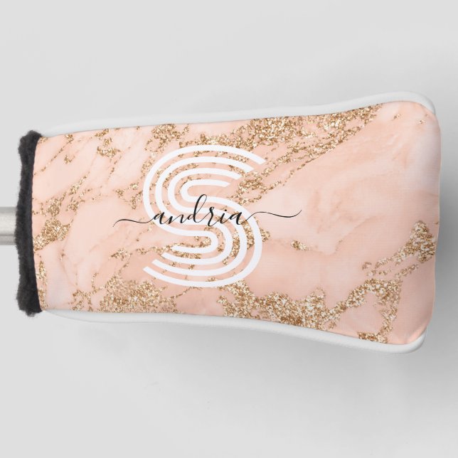 Rose Gold Glitzer Marmor, Skriptname für Monogramm Golf Headcover (Vorderseite)