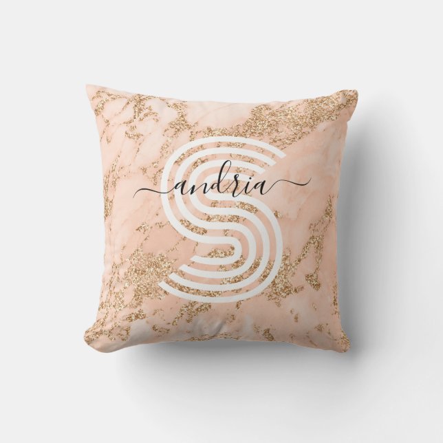 Rose Gold Glitzer Marmor, Skriptname für Monogramm Kissen (Vorderseite)