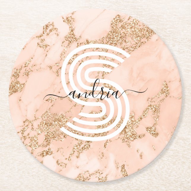 Rose Gold Glitzer Marmor, Skriptname für Monogramm Runder Pappuntersetzer (Vorderseite)