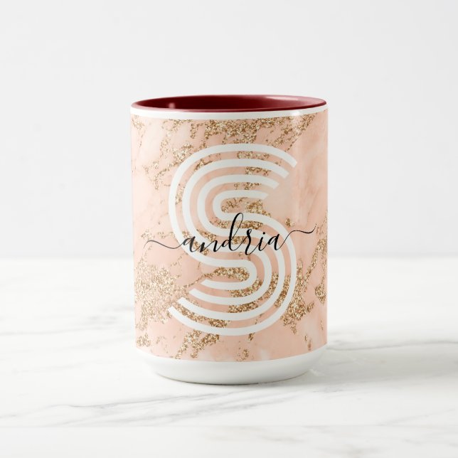 Rose Gold Glitzer Marmor, Skriptname für Monogramm Tasse (Zentrum)