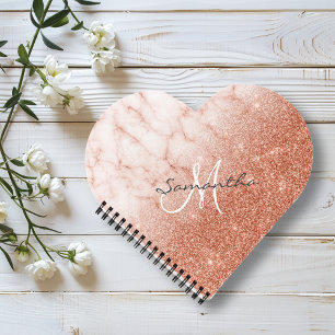 Rose Gold Glitzer Marmormonogramm Herz Notizbuch