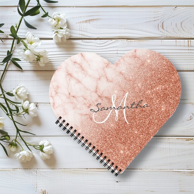 Rose Gold Glitzer Marmormonogramm Herz Notizbuch (Von Creator hochgeladen)