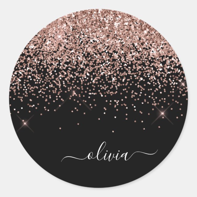 Rose Gold Glitzer Metal Monogram Glam Name Runder Aufkleber (Vorderseite)