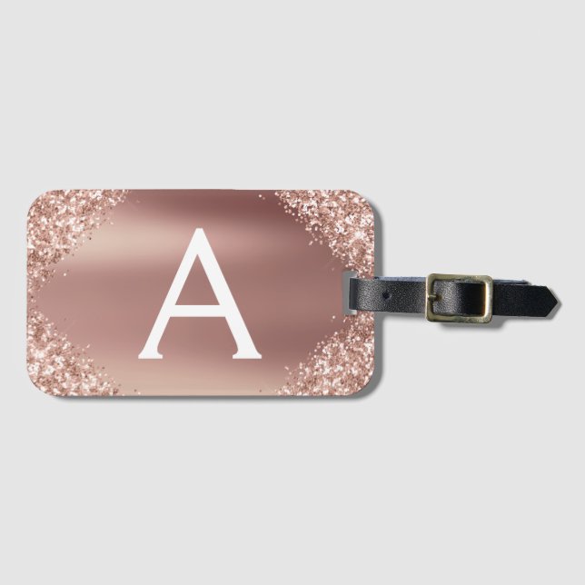 Rose Gold Glitzer Metal Monogram Name and Initial Gepäckanhänger (Vorderseite (Horizontal))