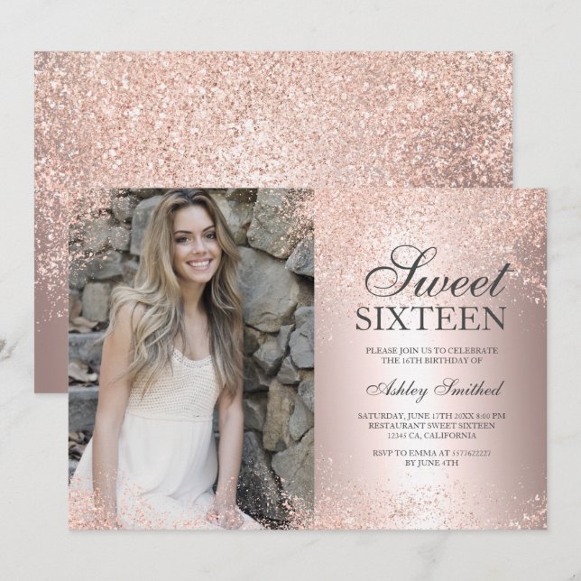 Rose Gold Glitzer Metallfolie Foto Sweet 16 Einladung (Vorne/Hinten)