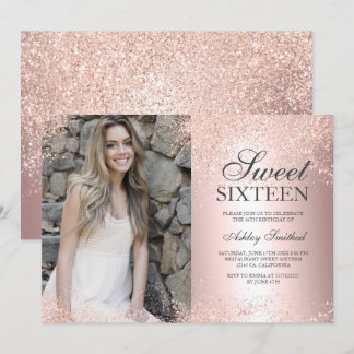 Rose Gold Glitzer Metallfolie Foto Sweet 16 Einladung