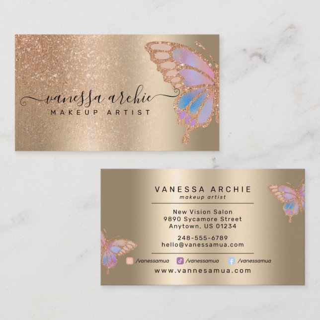Rose Gold Glitzer Metallische Foil Rainbow Butterf Visitenkarte (Vorne/Hinten)