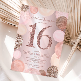 Rose Gold Glitzer Metallischer Ballon Sweet 16 Fot Einladung