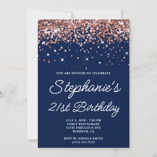 Rose Gold Glitzer Midnight Blue 21. Geburtstag Einladung
