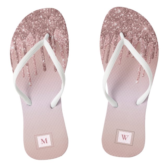 Rose Gold Glitzer Mit Monogramm Girly Flip Flops (Fußbett)