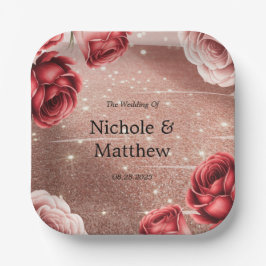 Rose Gold Glitzer mit Rote Rosen Hochzeit Pappteller