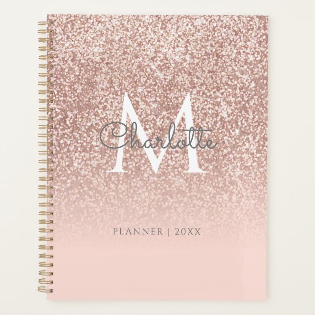 Rose Gold Glitzer Monogram Blush Pink 2023 Planer (Vorderseite)