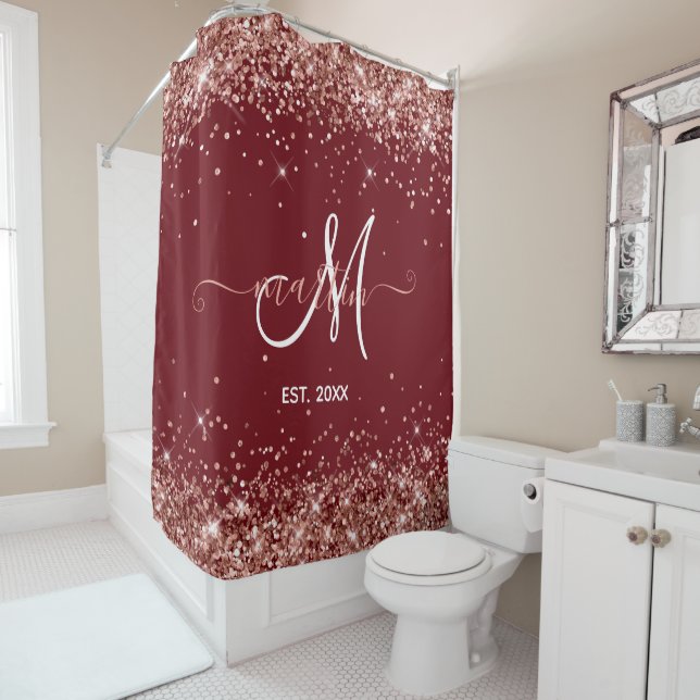 Rose Gold Glitzer Monogram Burgundy Duschvorhang (Beispiel)