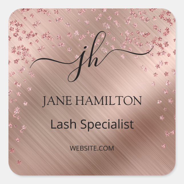 Rose Gold Glitzer Monogram Business-Logo Quadratischer Aufkleber (Vorderseite)