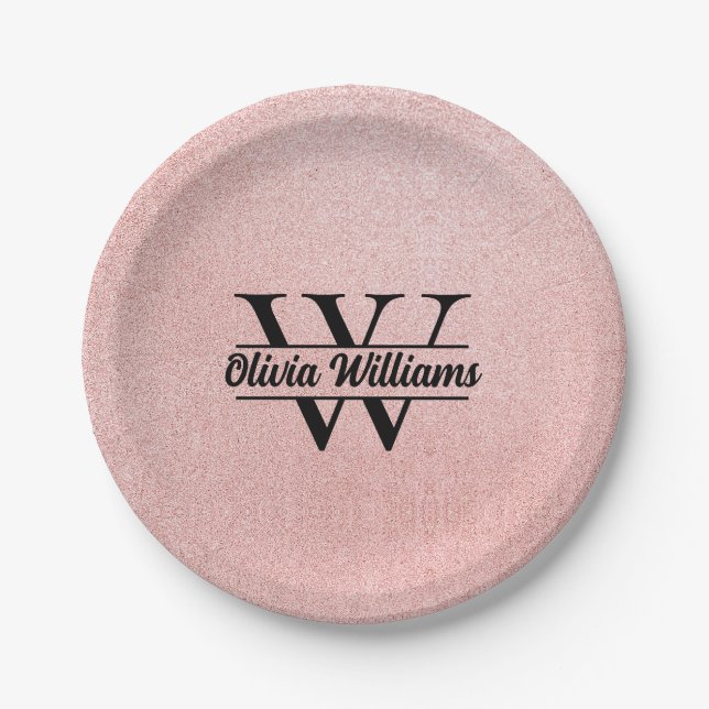 Rose Gold Glitzer Monogram | Girly Modern Sparkle Pappteller (Vorderseite)