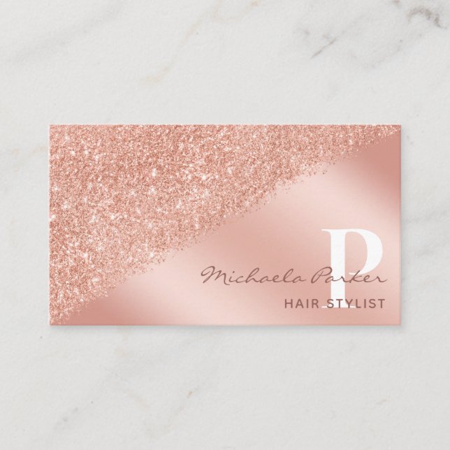 Rose Gold Glitzer Monogram Haarstylist Trendy Visitenkarte (Vorderseite)