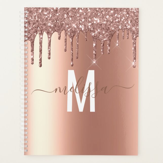 Rose Gold Glitzer Monogram Handgeschriebenes Skrip Planer (Vorderseite)