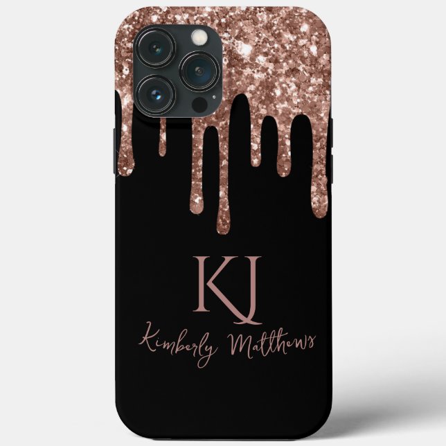 Rose Gold Glitzer Monogram Initials auf Black Case-Mate iPhone Hülle (Rückseite)