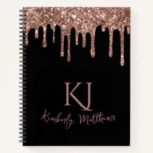 Rose Gold Glitzer Monogram Initials auf Black Notizbuch
