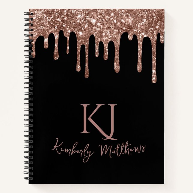 Rose Gold Glitzer Monogram Initials auf Black Notizbuch (Vorderseite)