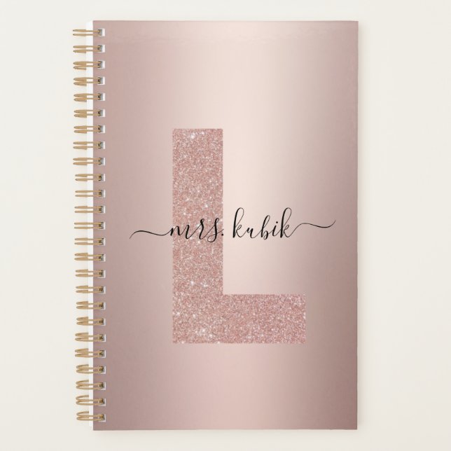 Rose Gold Glitzer Monogram Lehrer Planer (Vorderseite)