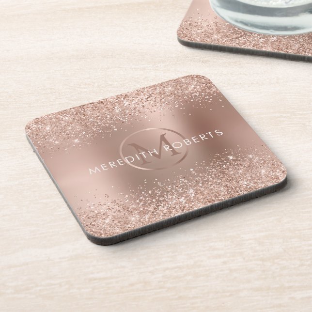 Rose Gold Glitzer Monogram Logo Getränkeuntersetzer (Linke Seite)