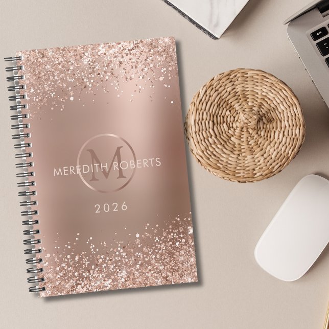 Rose Gold Glitzer Monogram Name 2026 Planer (Rose Gold Foil Blush Glitter Monogram Name Personalized 2026 Planner)