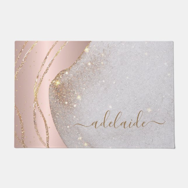 Rose Gold Glitzer Monogram Script Name Begrüßung Fußmatte (Vorderseite)