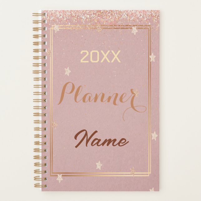 Rose Gold Glitzer Monogramm Name 20XX Planer (Vorderseite)