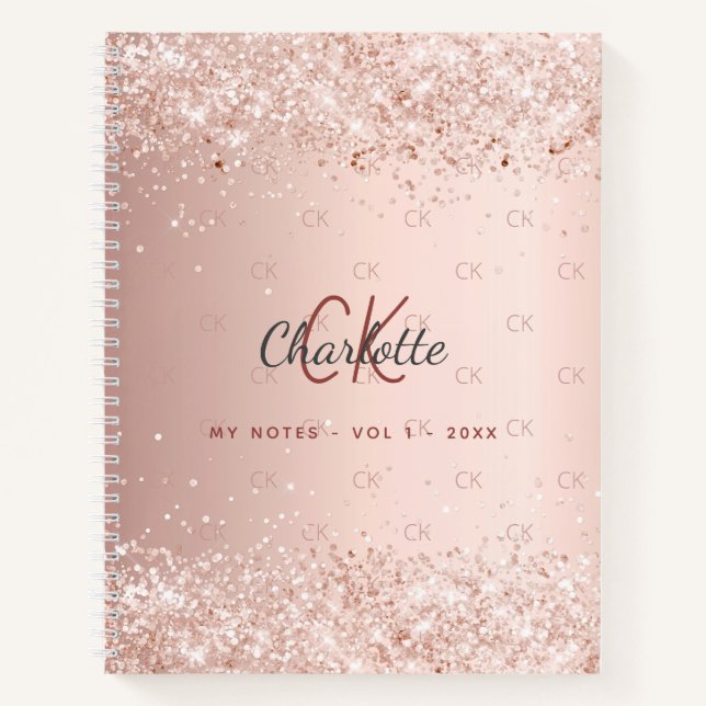 Rose Gold Glitzer Monogramm-Skript Notizbuch (Vorderseite)