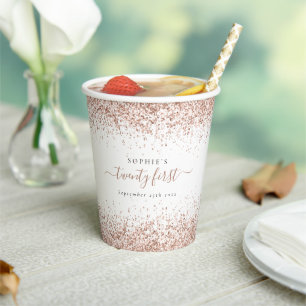 Rose Gold Glitzer Name Datum 21. Party Pappbecher
